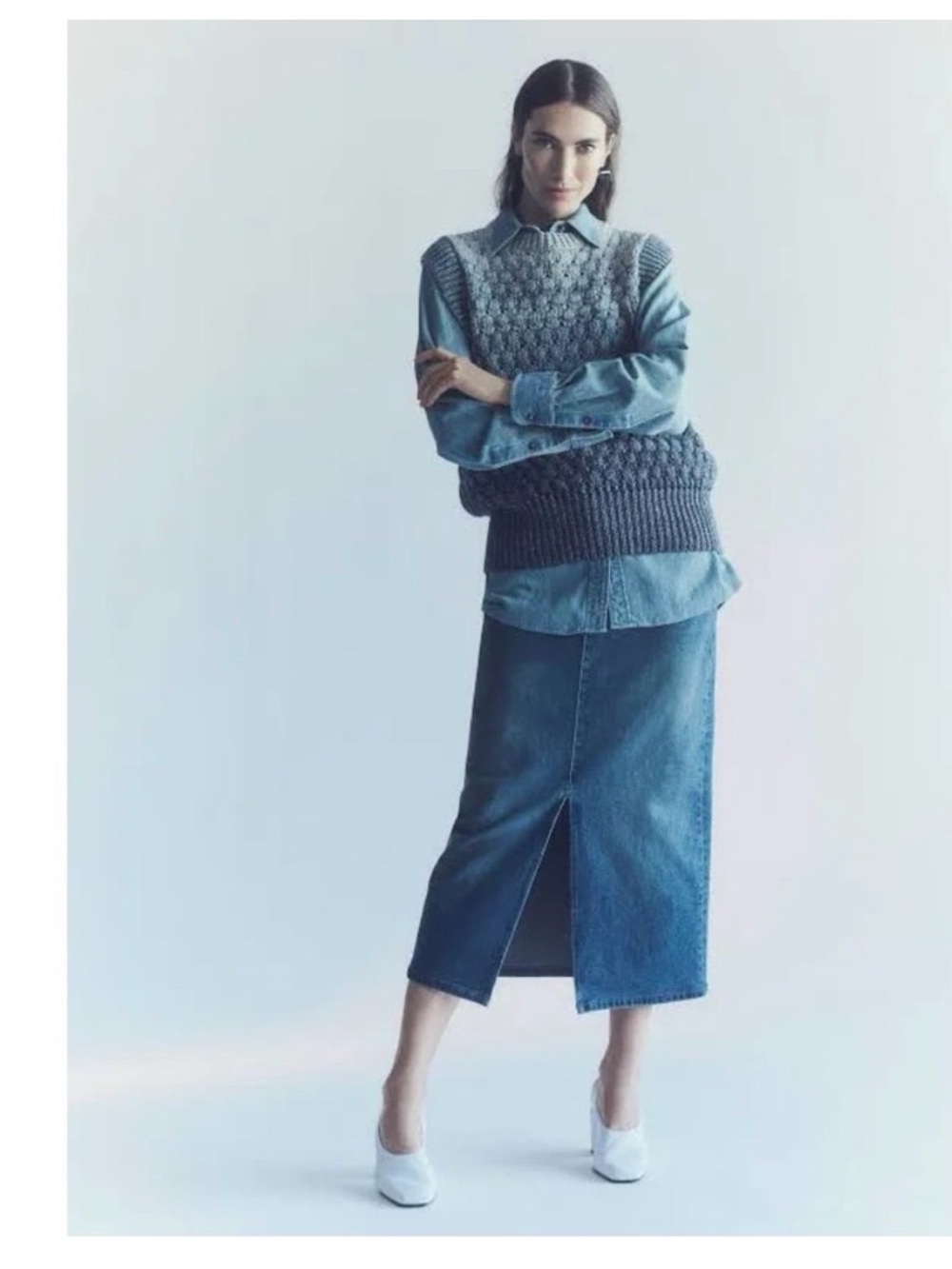 Lafayette 148 Denim Midi Skirt Slit Front Made In USA Casual Minimal Classic 31